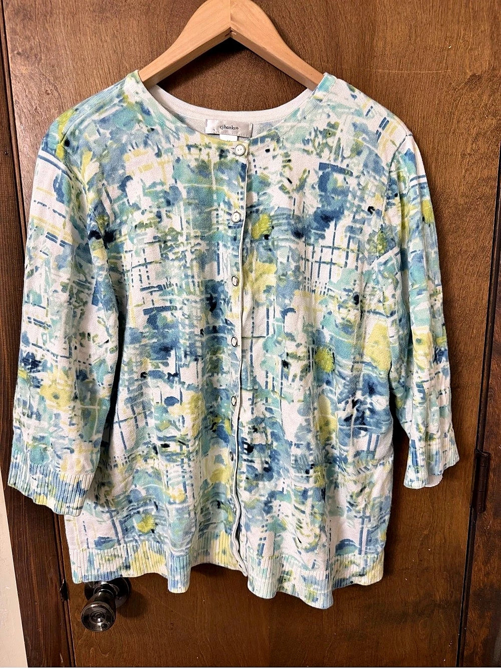 CJ Banks 1X Abstract Print 100% Cotton Cardigan Blue & Green